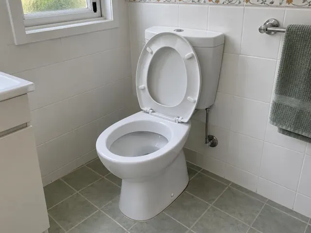 Clean white toilet in a tiled bathroom with a window and towel rail in Mascot
