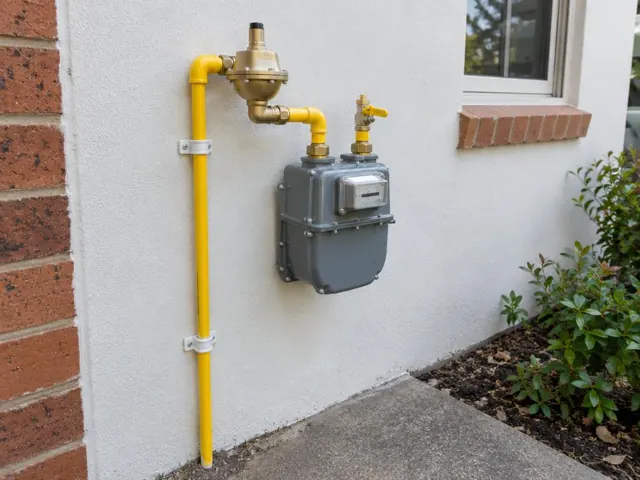 Exterior gas meter and yellow pipework on a stucco wall beside a window in Pagewood